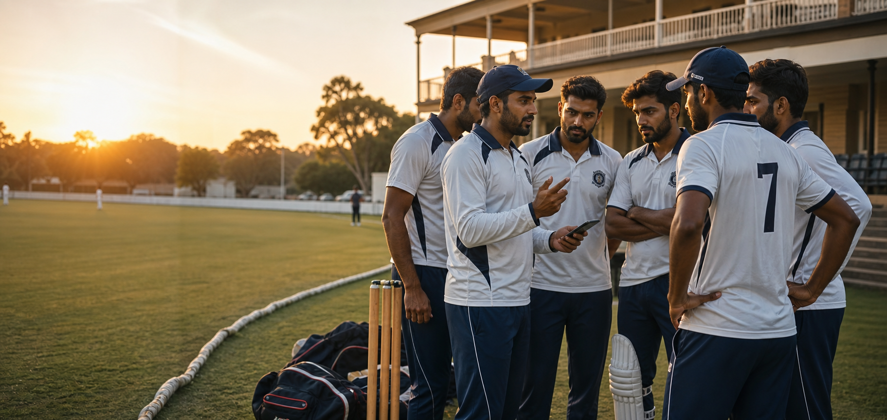 Cricket captain planning with the team before a match