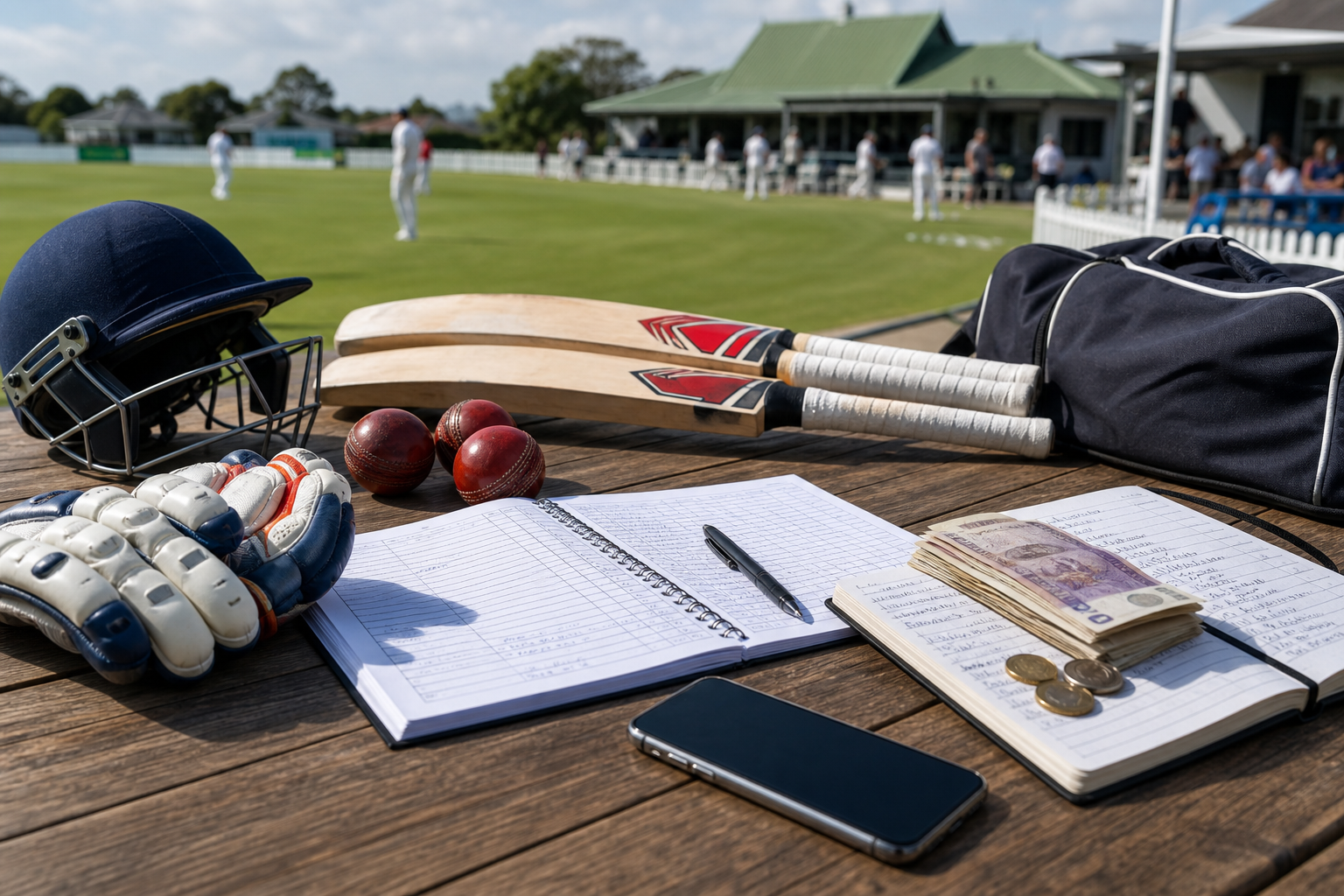 Cricket match-day setup with bats, notes, and payment planning